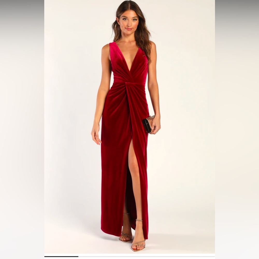 Lulus Beautiful Evenings Wine Red Velvet Twist-Front Maxi Dress - Magenta